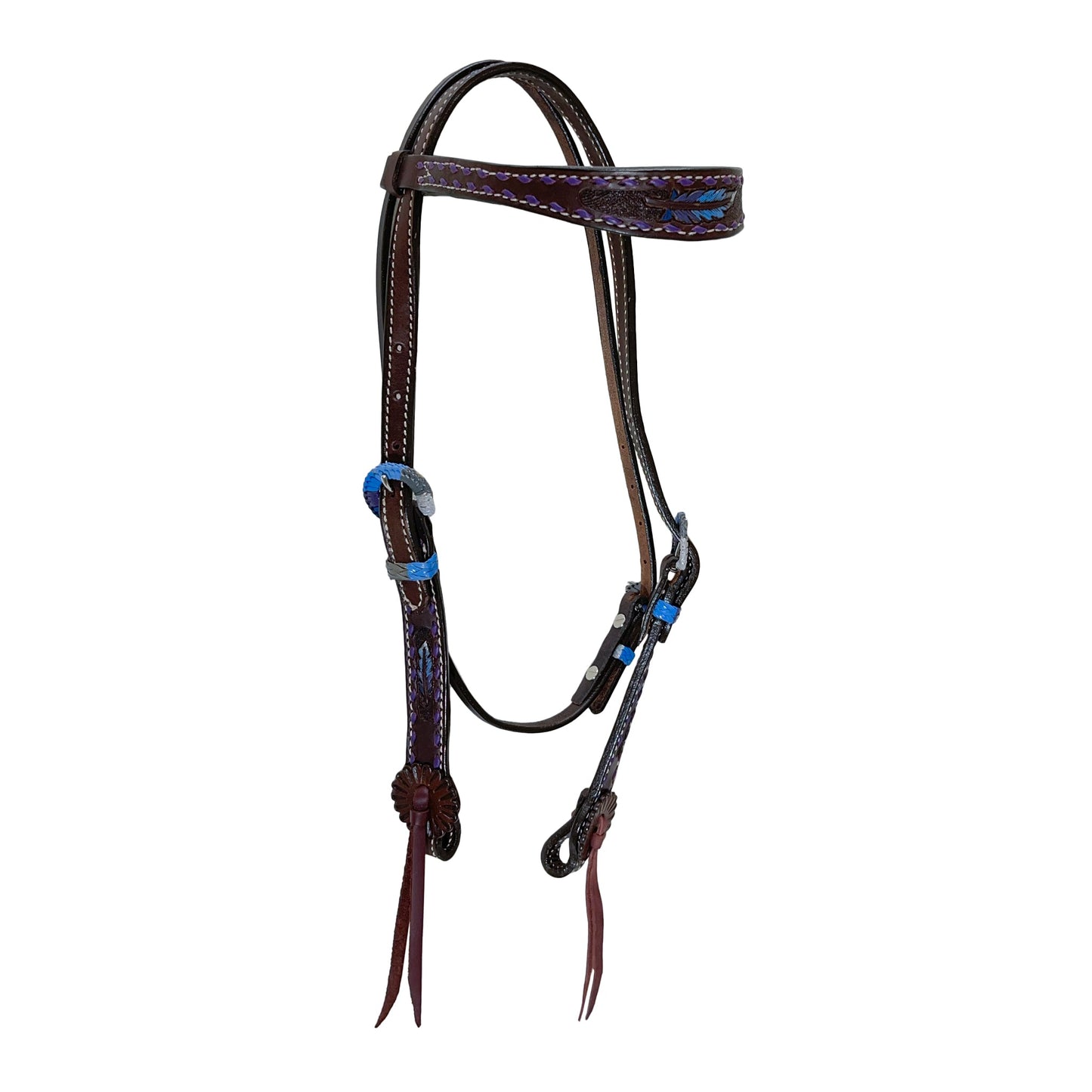 Alamo Saddlery 1-1/2" Contour Browband Headstall | Chocolate Leather Feather Tooled