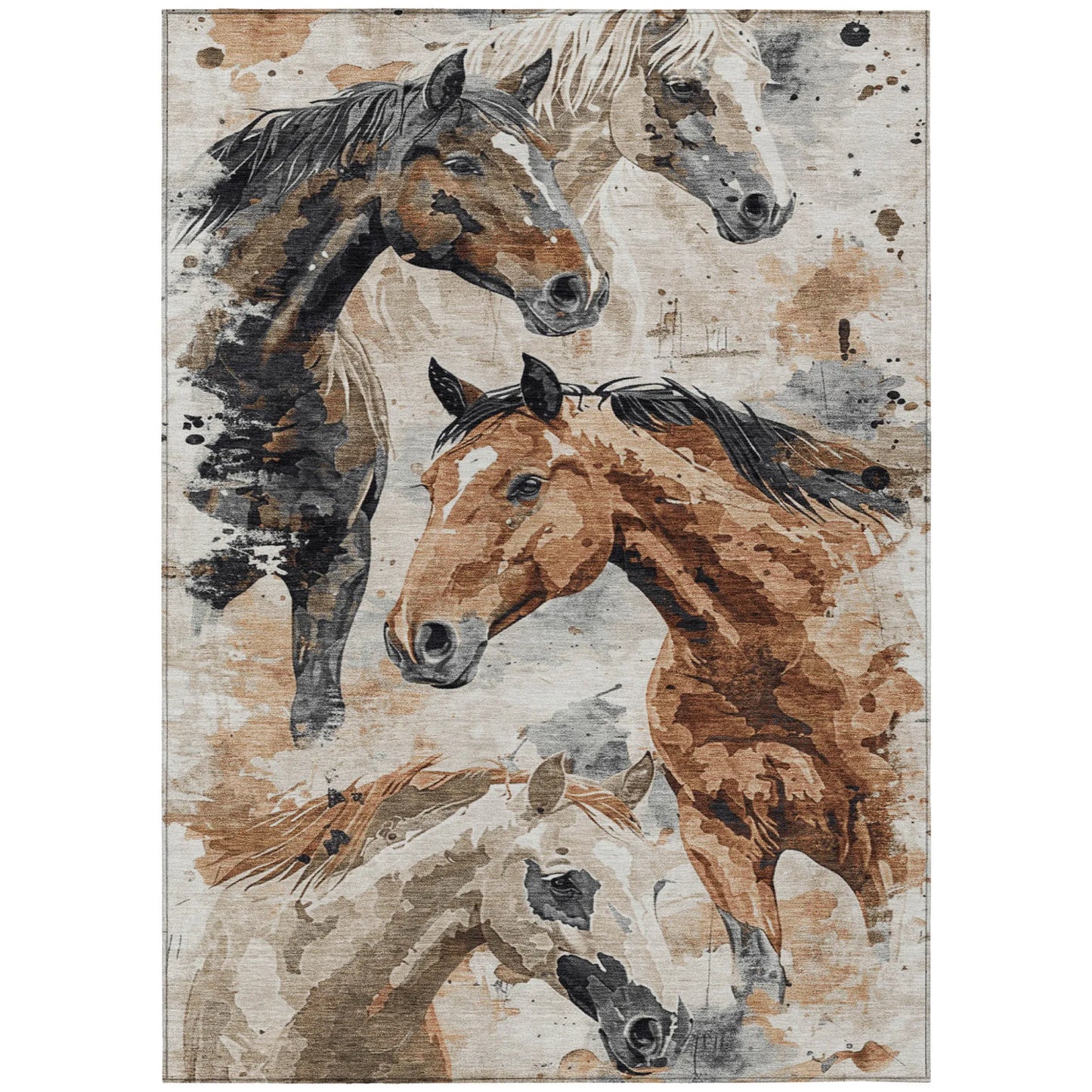 5' X 8' Beige Charcoal And Brown Horse Washable Indoor Outdoor Area Rug
