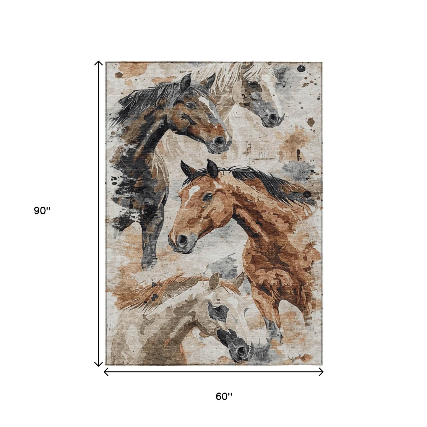 5' X 8' Beige Charcoal And Brown Horse Washable Indoor Outdoor Area Rug