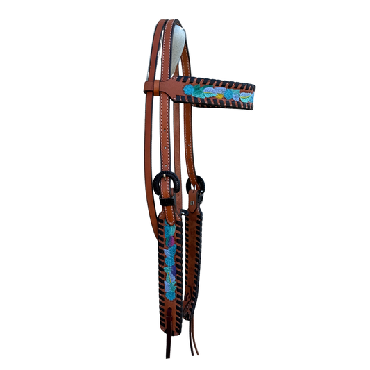Alamo Saddlery 1-1/2" Browband Headstall | Neon Cowgirl, Golden Leather & Floral Tooling