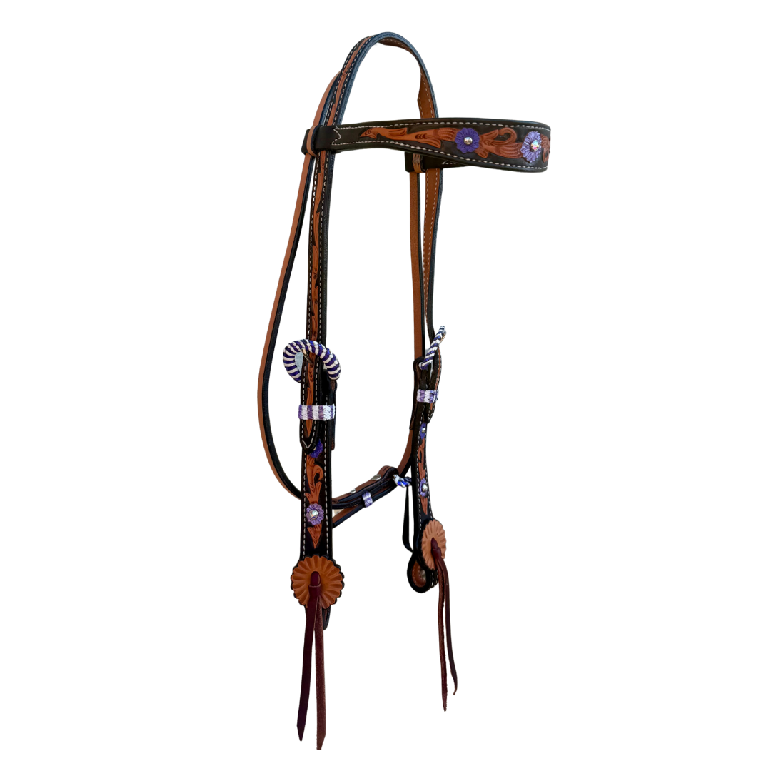 Alamo Saddlery 1-1/2" Contour Browband Headstall | Purple Collection, Golden Leather & Hand Floral Tooling