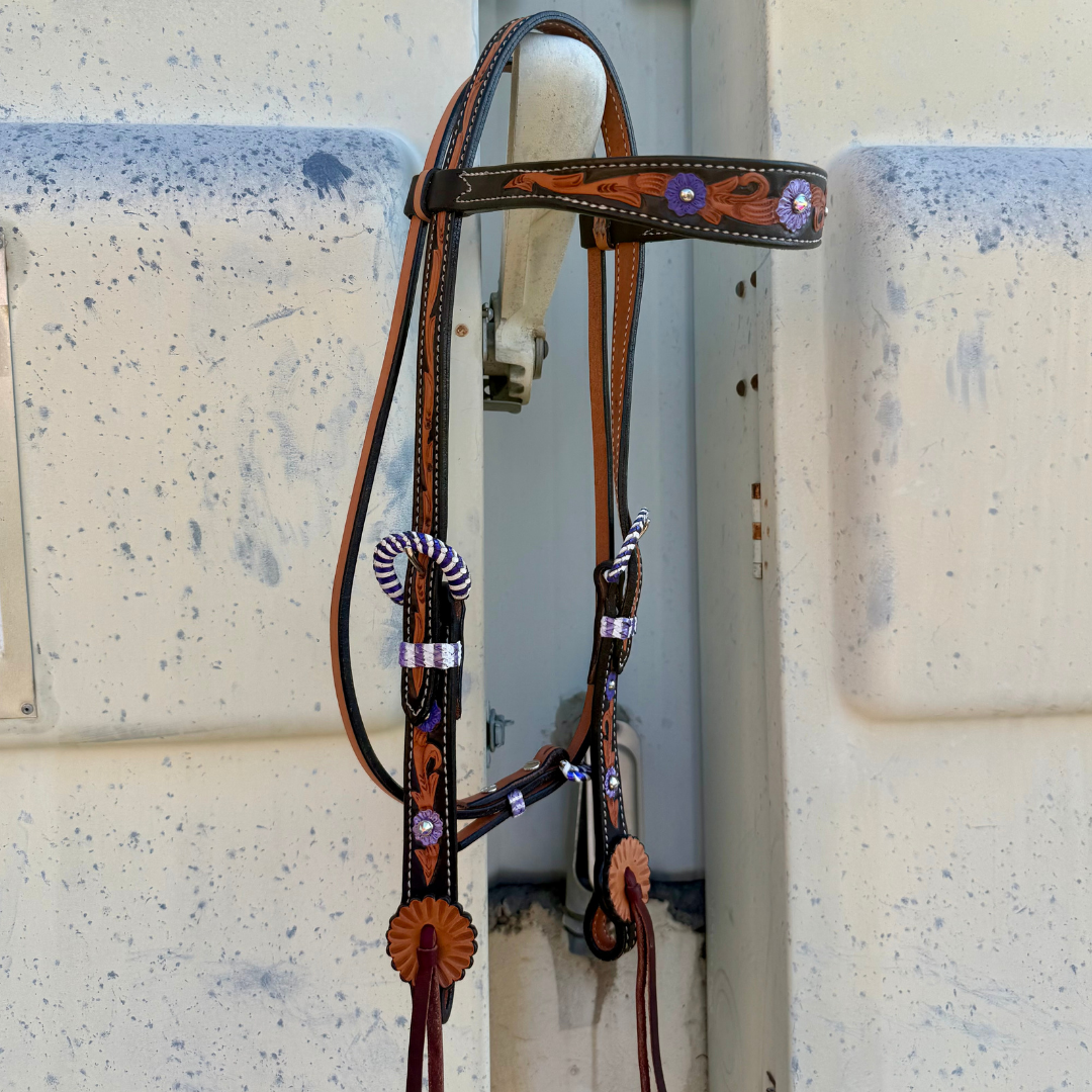 Alamo Saddlery 1-1/2" Contour Browband Headstall | Purple Collection, Golden Leather & Hand Floral Tooling