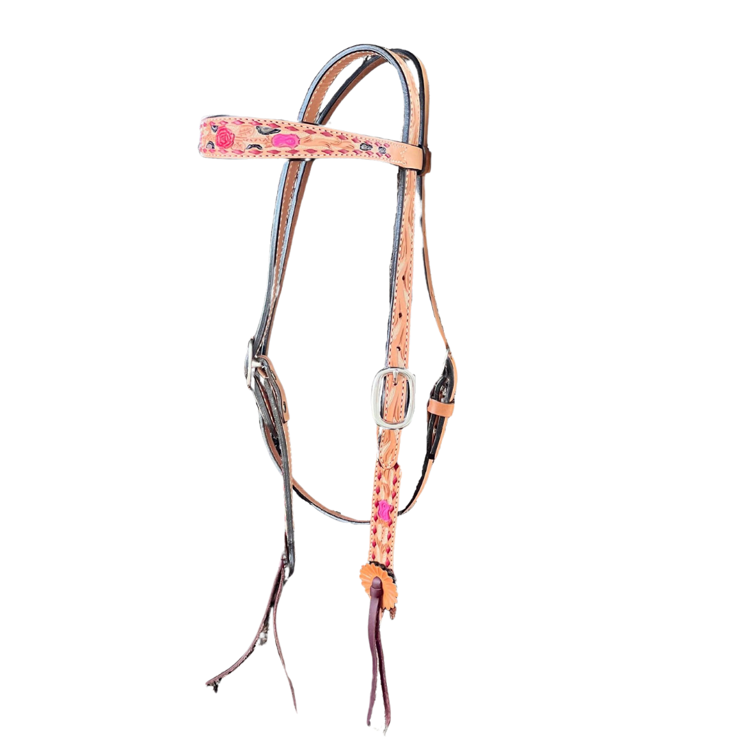 Alamo Saddlery 1-1/2" Contour Browband Headstall | Cheetah Rose, Golden Leather & Hand Floral Tooling