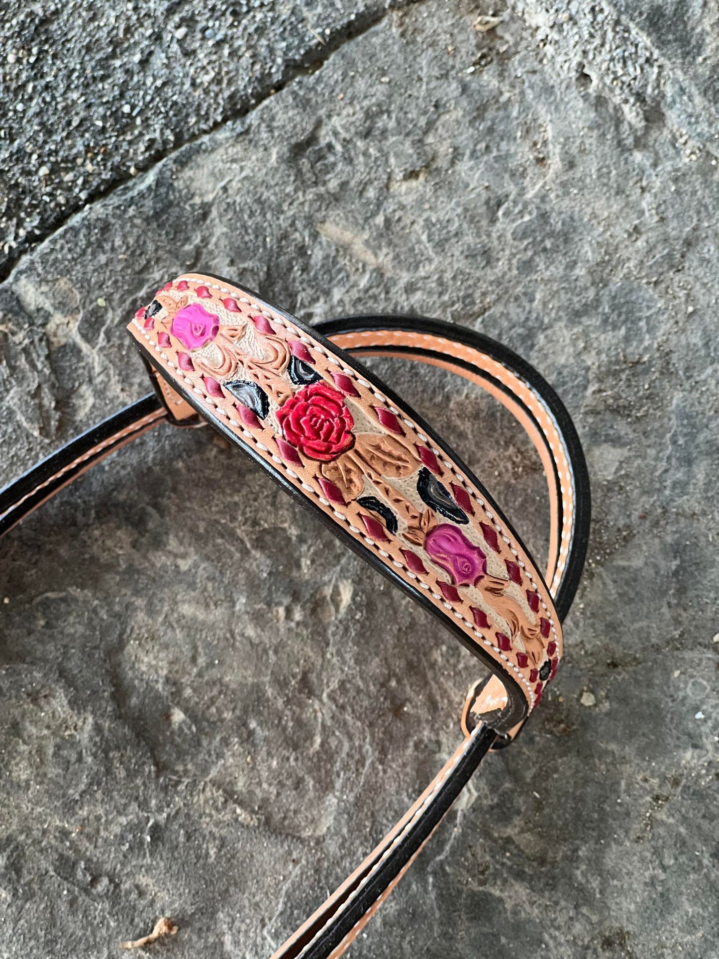 Alamo Saddlery 1-1/2" Contour Browband Headstall | Cheetah Rose, Golden Leather & Hand Floral Tooling
