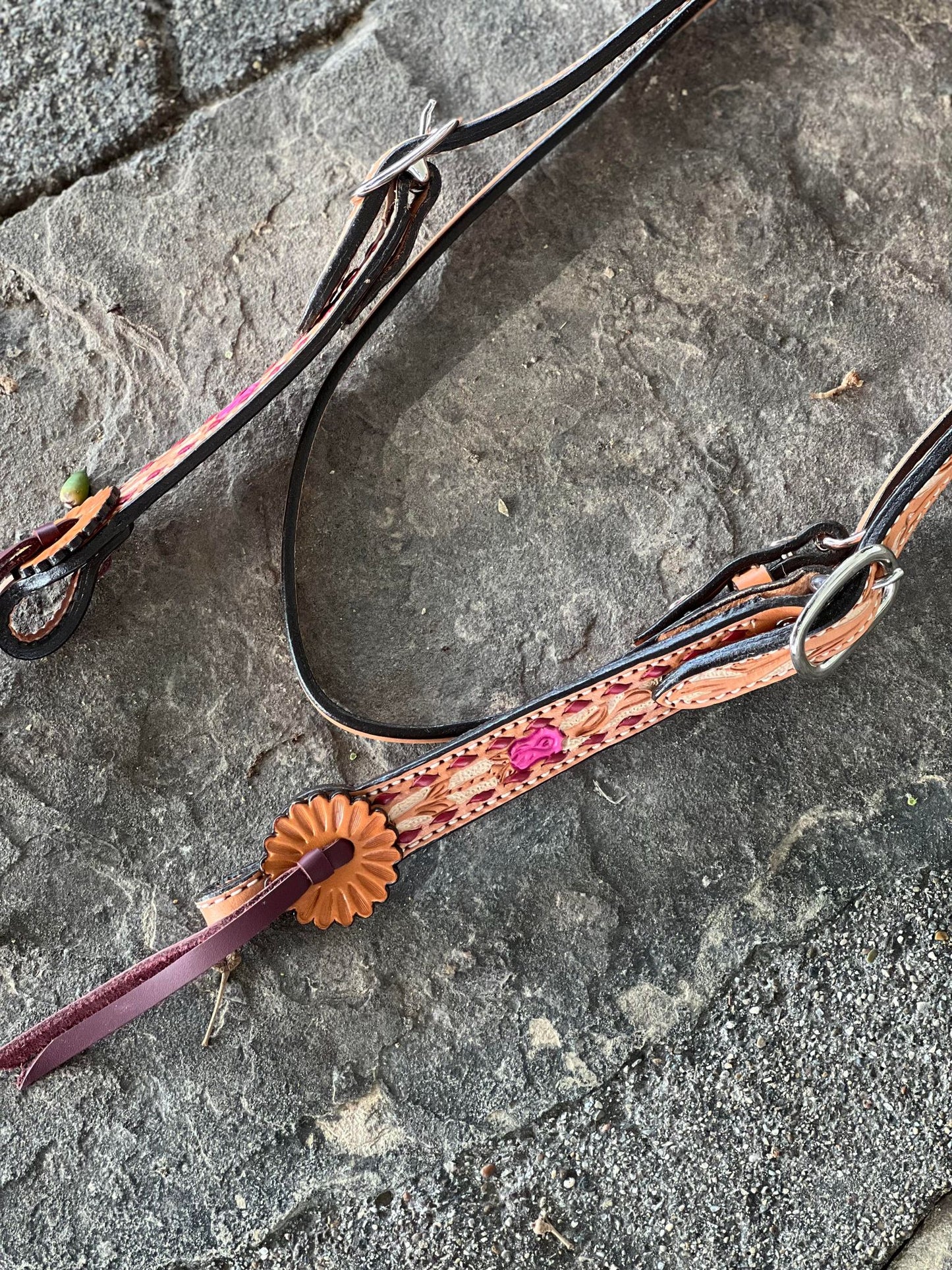 Alamo Saddlery 1-1/2" Contour Browband Headstall | Cheetah Rose, Golden Leather & Hand Floral Tooling