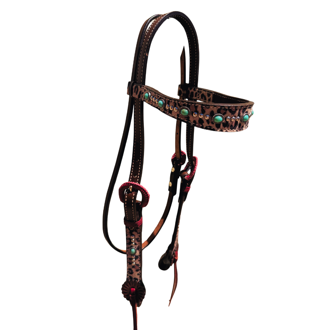 Alamo Saddlery 1-1/2" Contour Browband Headstall | Golden Leather Cheetah Overlay