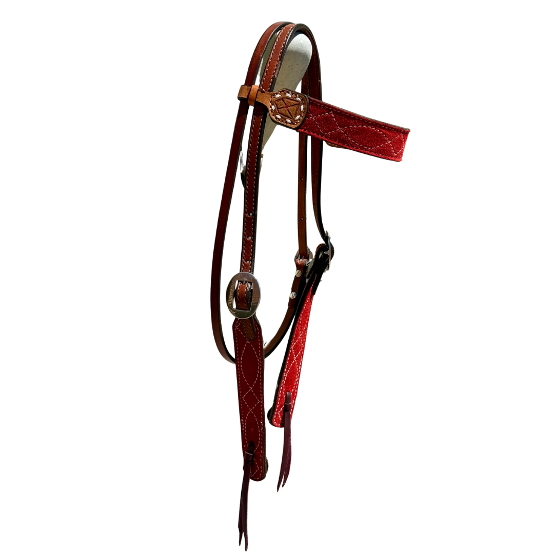 Alamo Saddlery 1-1/2" Contour Browband Headstall | Toast Leather, Red Suede Overlay & Hand Tooling