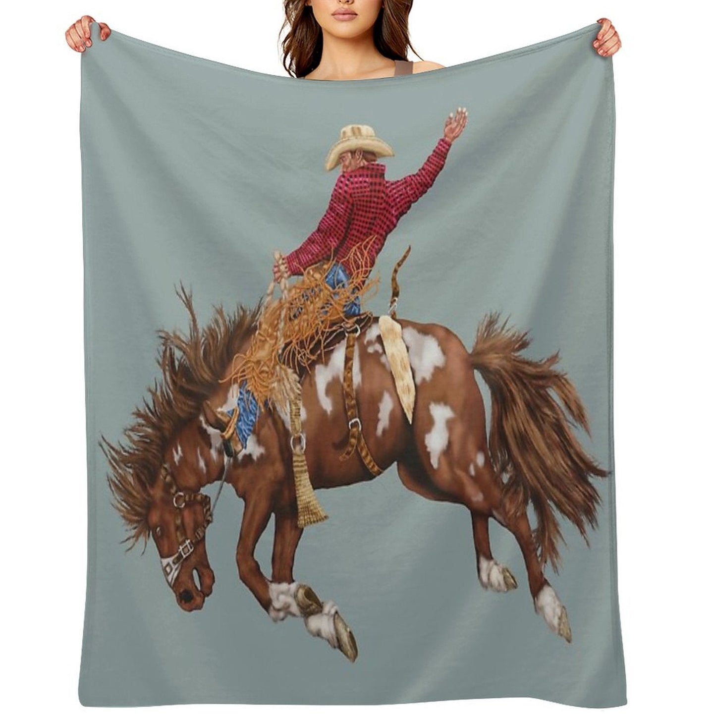 Vintage Western Rodeo Art, Bronco Busting Cowboy Throw Blanket
