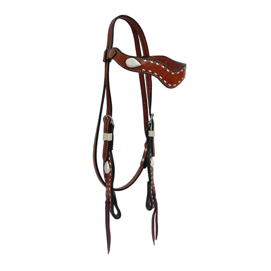 2117-BI 1-1/2" Wave browband headstall toast leather white inlay teardrop with buckstitch and rawhide loops