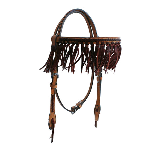 2F15-LC 3/4" Straight browband headstall golden leather with latigo braiding, fringe, and tassels