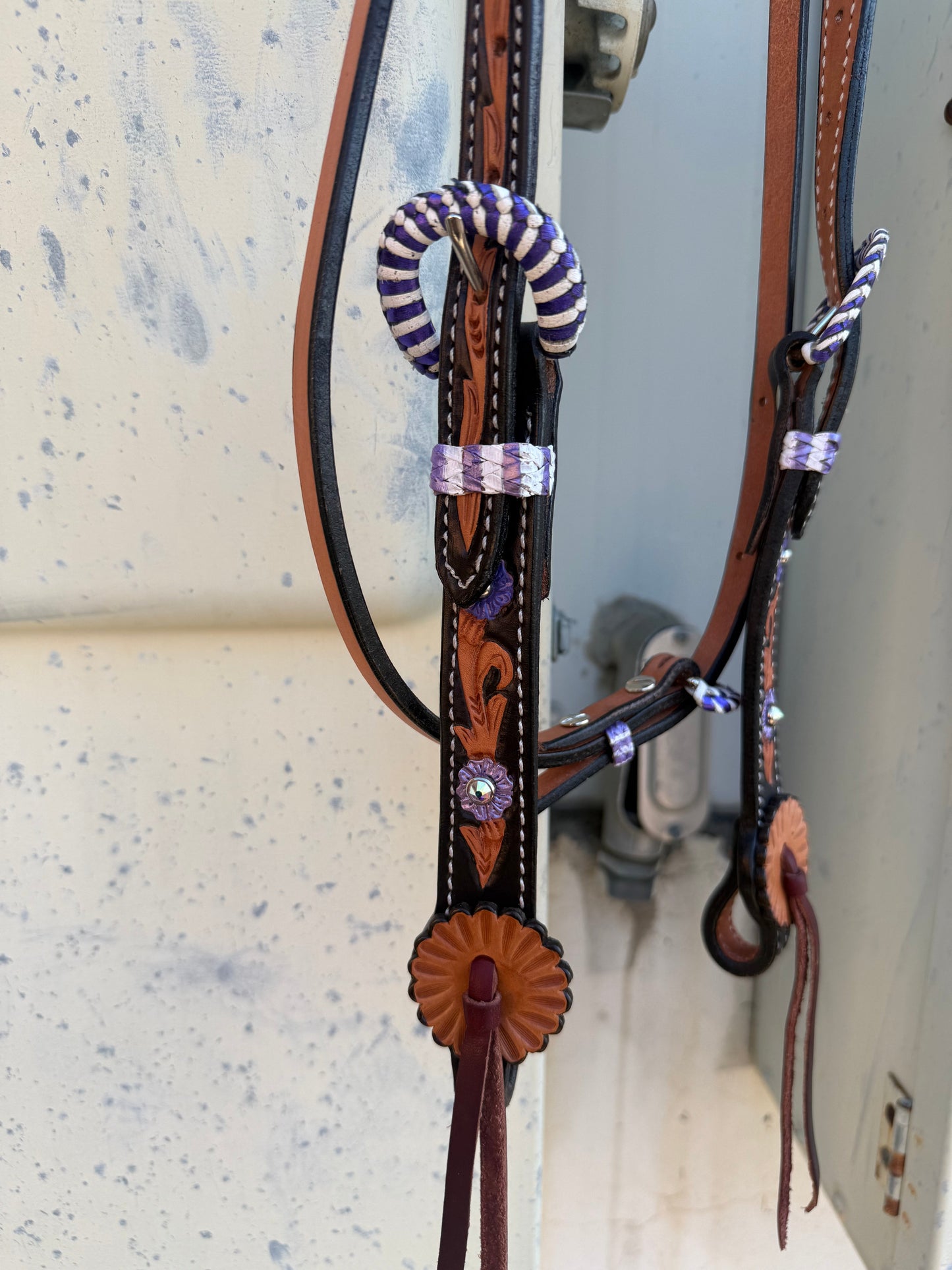 Alamo Saddlery 1-1/2" Contour Browband Headstall | Purple Collection, Golden Leather & Hand Floral Tooling