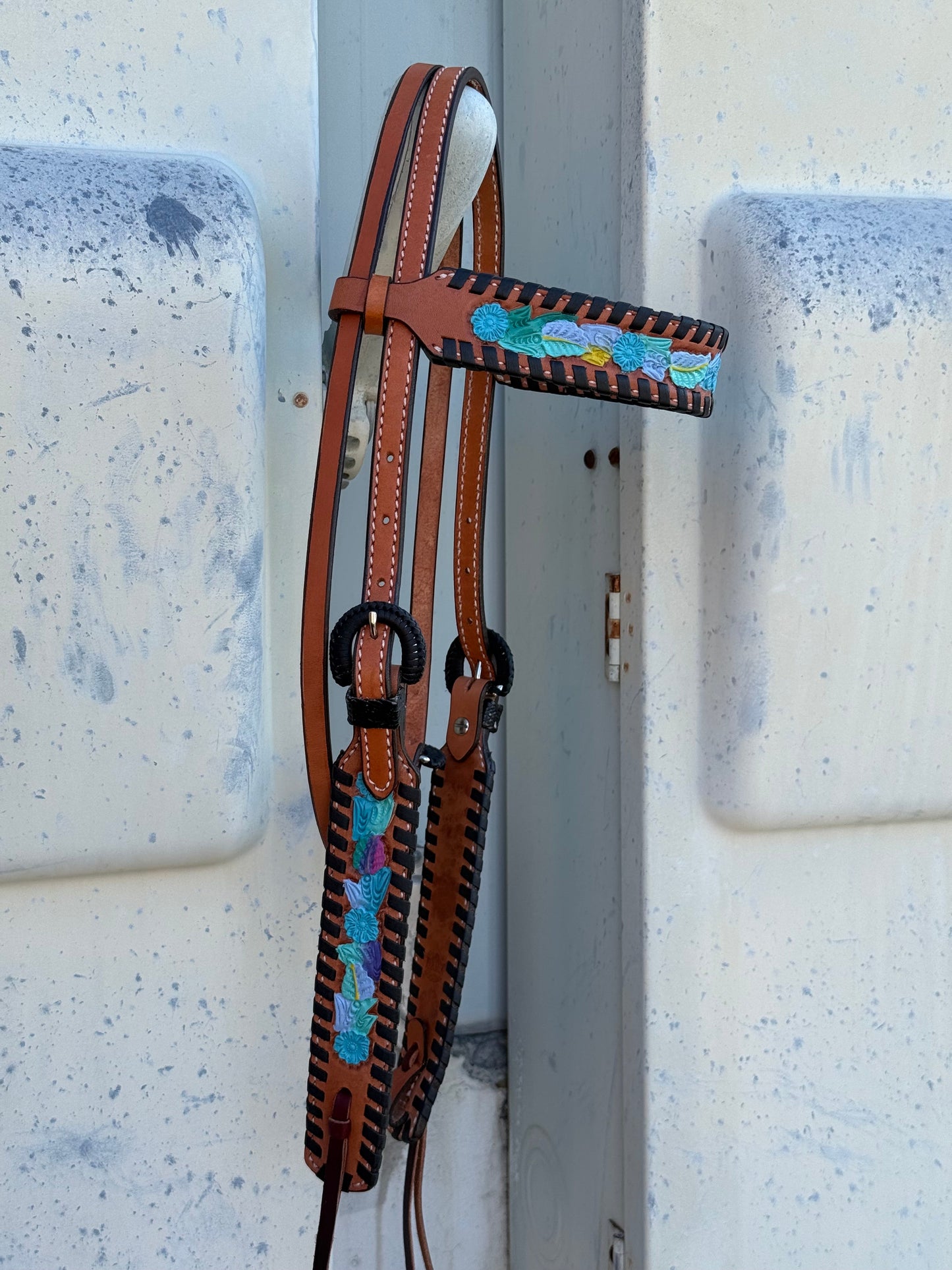 Alamo Saddlery 1-1/2" Browband Headstall | Neon Cowgirl, Golden Leather & Floral Tooling