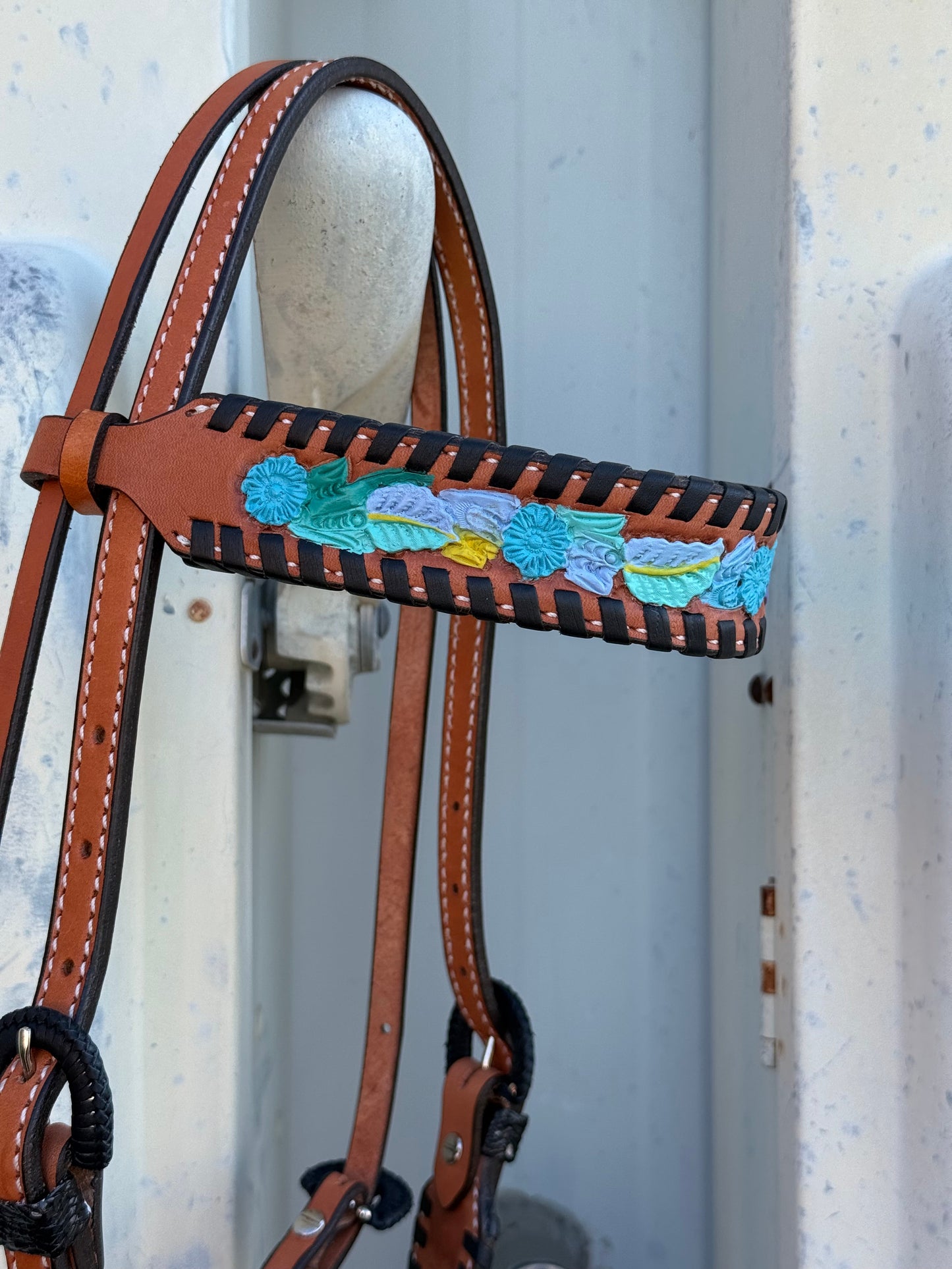 Alamo Saddlery 1-1/2" Browband Headstall | Neon Cowgirl, Golden Leather & Floral Tooling