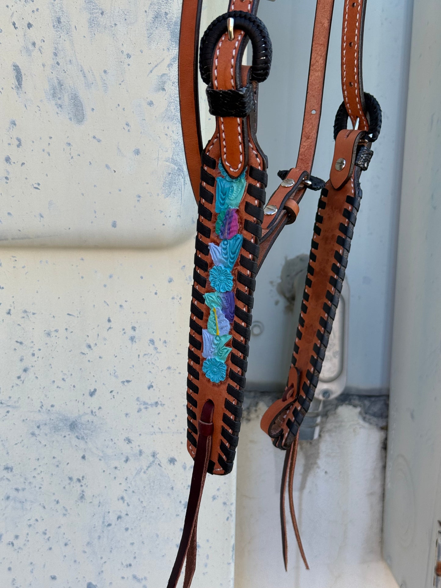 Alamo Saddlery 1-1/2" Browband Headstall | Neon Cowgirl, Golden Leather & Floral Tooling