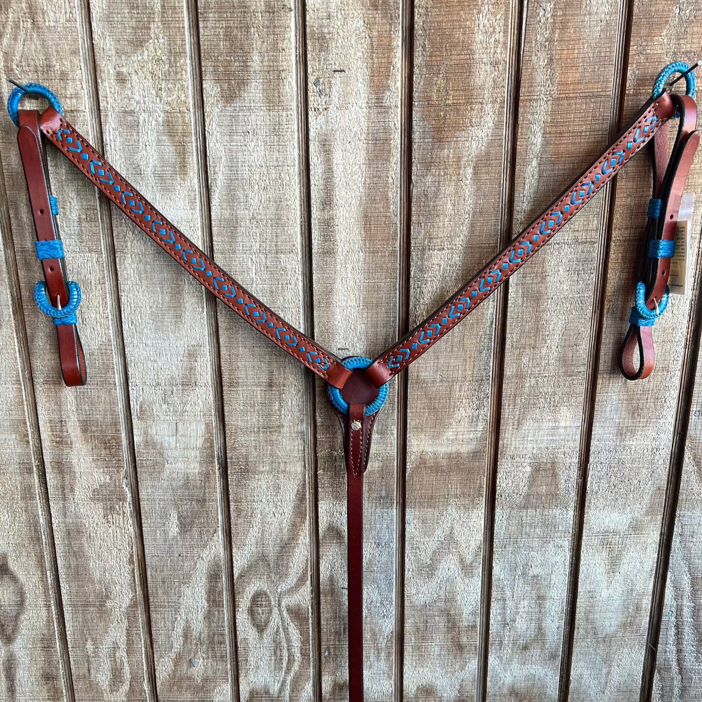 Alamo Saddlery Turquoise Rawhide Skinny Leather Breastcollar | Aztec Design