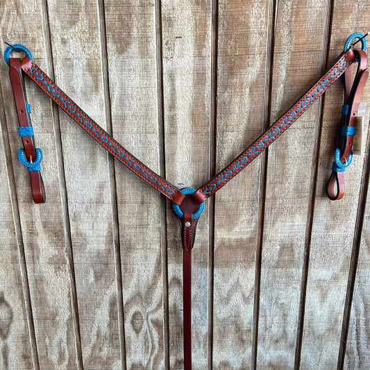 Alamo Saddlery Turquoise Rawhide Skinny Leather Breastcollar | Aztec Design