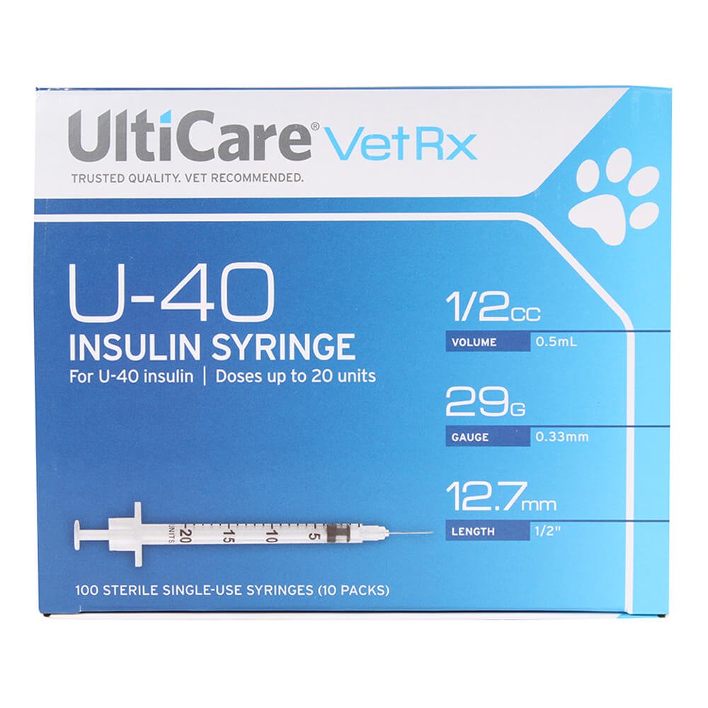 UltiCare U-40 Insulin Syringes for Pets, 29ga x ½", Box of 100 ct